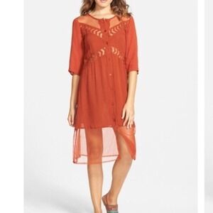 Volcom Highway Child Midi Dress Sz M Burnt Orange Boho Mesh Button Festival NEW